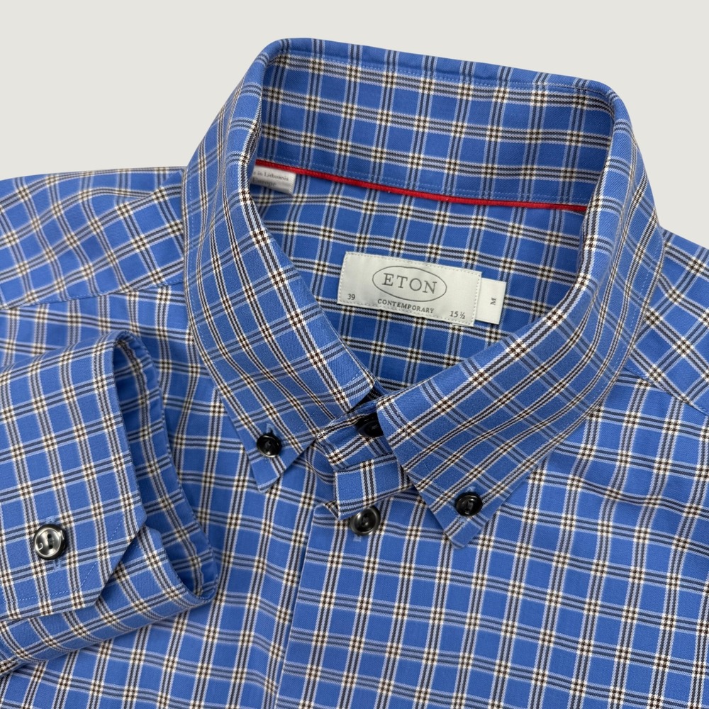 Eton Mens 15.5 M Button Down Shirt Blue Plaid Contemporary Fit Long Sleeve